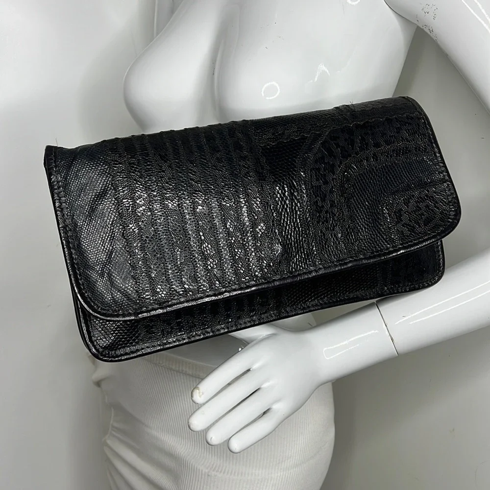 Carlos Falchi Mixed Exotic Lizard, Ostrich Snap Envelope Clutch Shoulder Bag